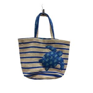Vera Bradley Blue Stripe Woven Straw Beach Bag Tote Sea Turtle medallion coastal